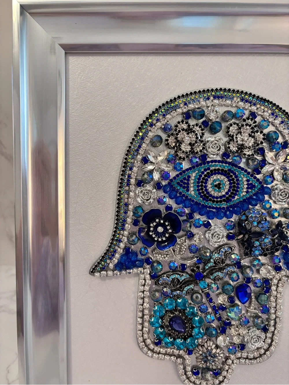 OOAK Framed Vintage Jewelry Hamsa Hand Evil Eye Art 8x10 Protection Boho Decor
